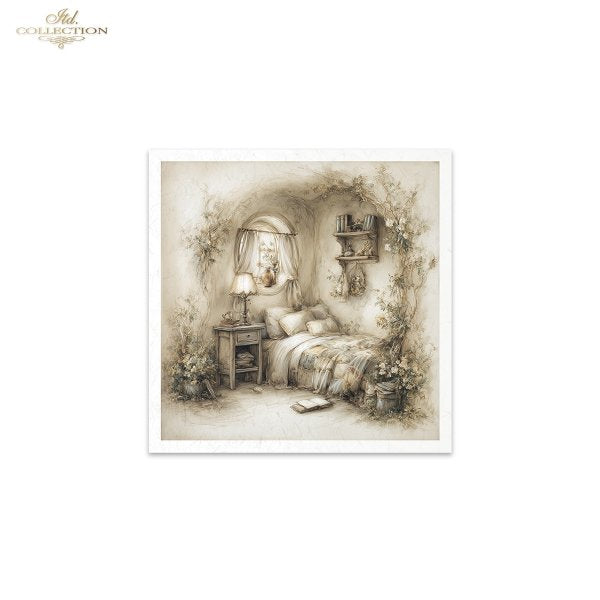 Artistic depiction of a bedroom with floral decorations and a lamp