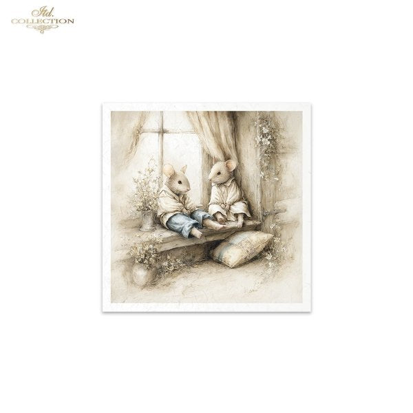 Illustration of two mice sitting on a windowsill with a soft, sepia-toned color scheme.