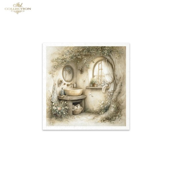 Decorative print of a vintage-style bathroom with flowers and a window.