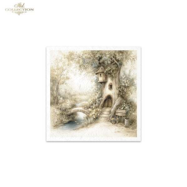 Illustration of a treehouse in a forest with a path leading to it