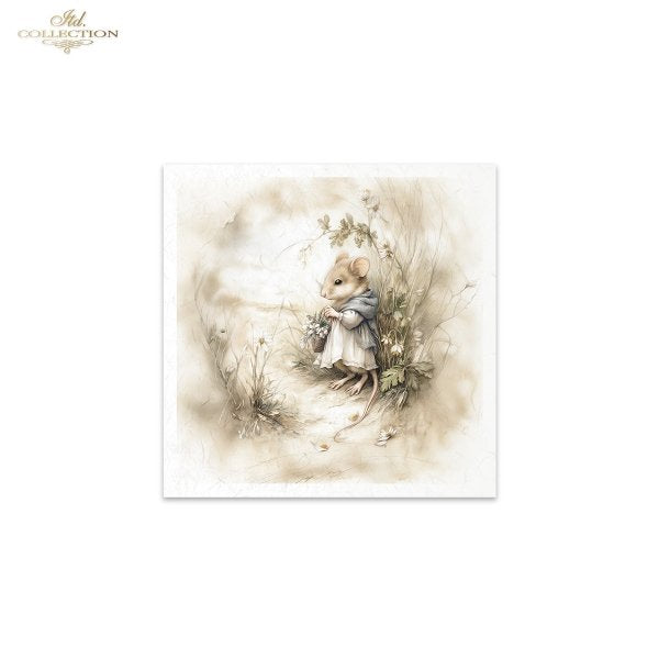 Illustration of a mouse holding flowers in a natural setting with a soft, beige background.