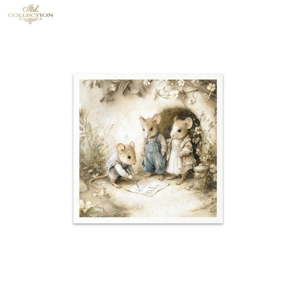 Illustration of three mice in a forest setting, with one mouse holding a book.