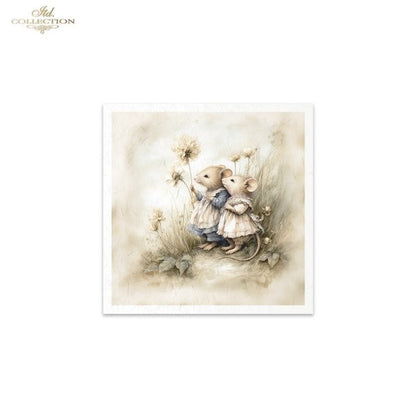 Illustration of two mice holding hands with flowers on a beige background