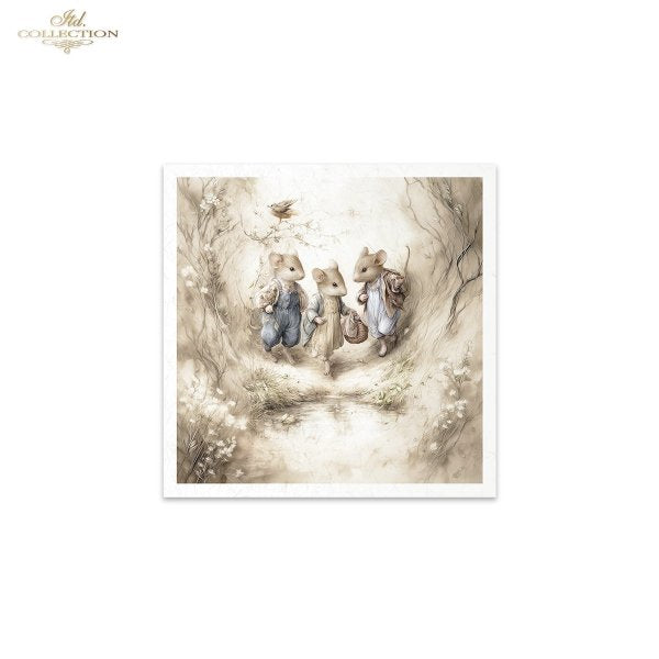 Illustration of three animals standing in a forest with a white border