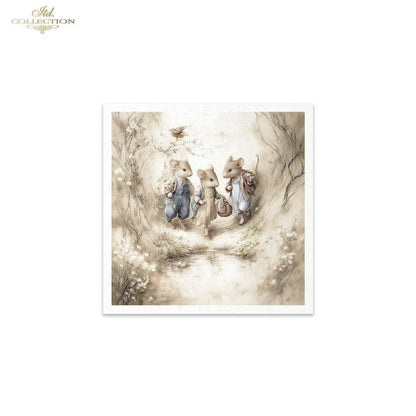 Illustration of three animals standing in a forest with a white border