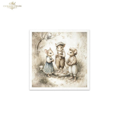 Illustration of three animated mice in a forest setting with a white border.
