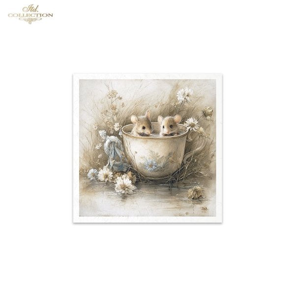 Illustration of two mice in a teacup surrounded by flowers on a white background.