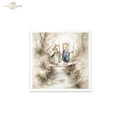 Illustration of two mice crossing a stream with a white border