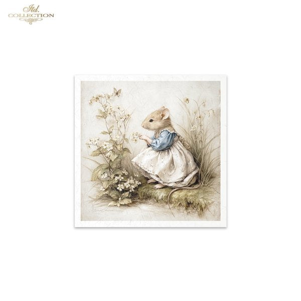 Illustration of a mouse in a dress surrounded by flowers on a white background