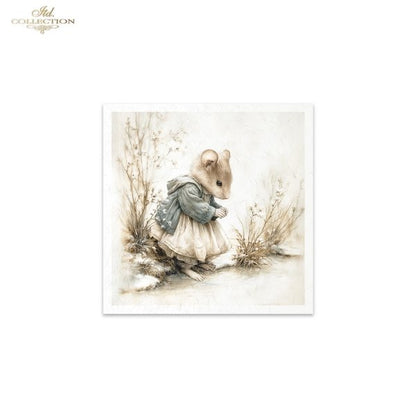 Illustration of a mouse in a dress standing in a natural setting