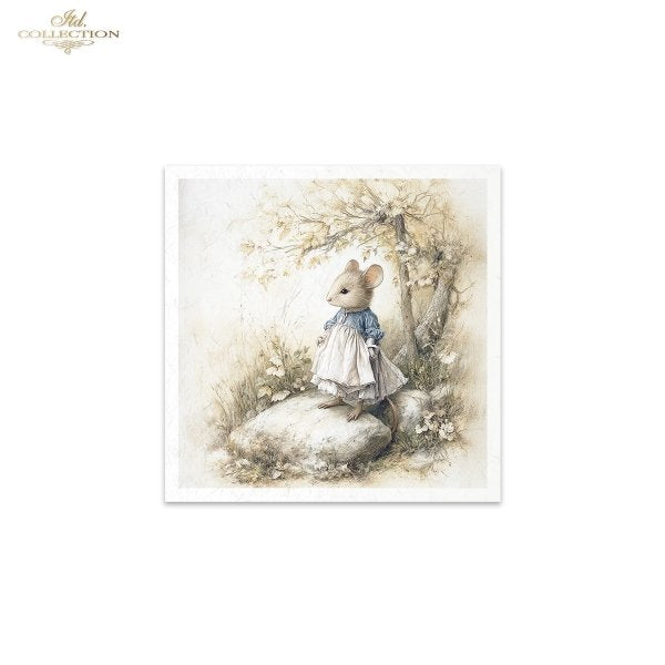 Illustration of a mouse in a dress standing on a rock with a tree in the background