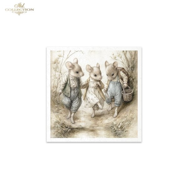 Illustration of three mice in a forest setting with a basket
