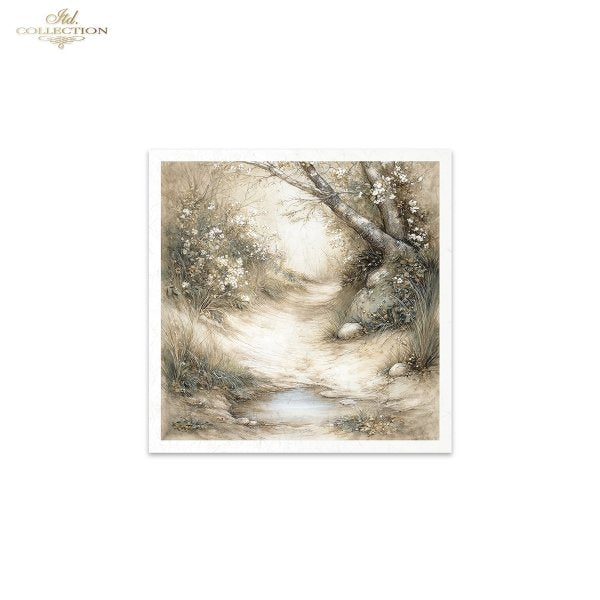 Art print of a nature scene with trees and a path on a white background