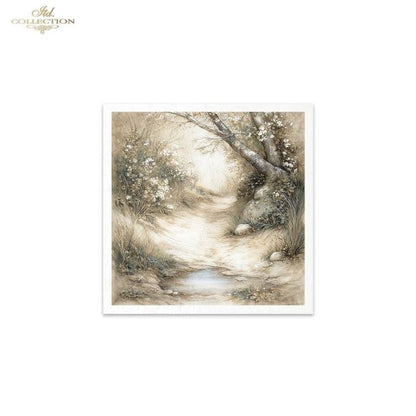 Art print of a nature scene with trees and a path on a white background