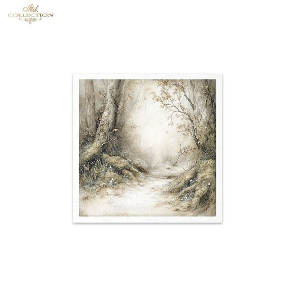 Framed artwork of a forest scene with a path on a white background