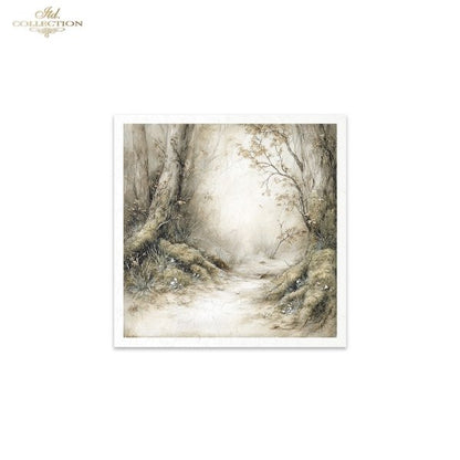 Framed artwork of a forest scene with a path on a white background