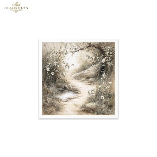 Artistic depiction of a landscape with trees and flowers on a white background