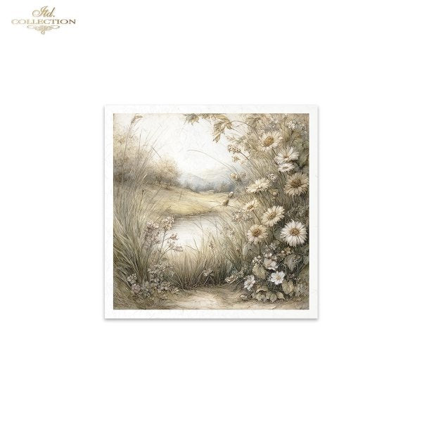 Art print of a nature scene with flowers and a path