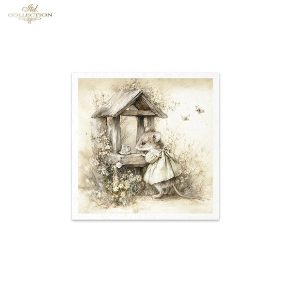 Illustration of a mouse in a dress standing next to a small wooden house with flowers and butterflies.