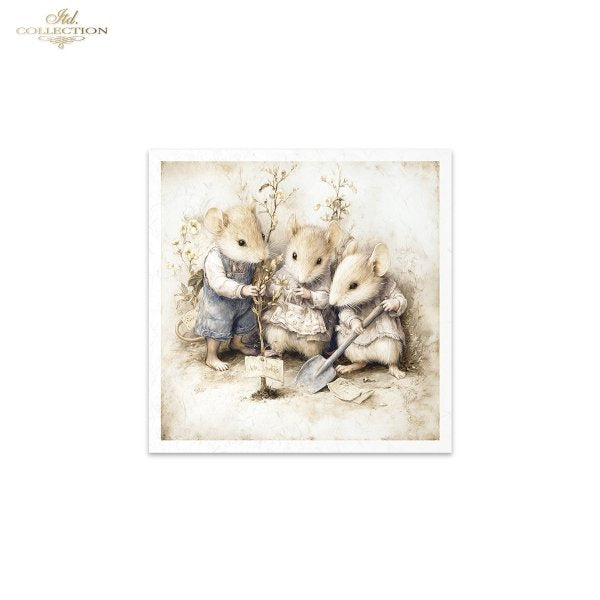 Illustration of three mice in a garden setting with a white border.