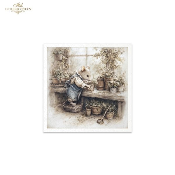 Illustration of a mouse in a kitchen setting with various pots and plants.