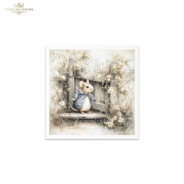 Illustration of a mouse with a bow tie sitting on a window sill surrounded by flowers