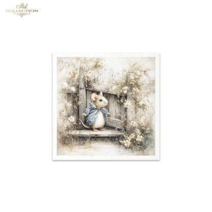 Illustration of a mouse with a bow tie sitting on a window sill surrounded by flowers