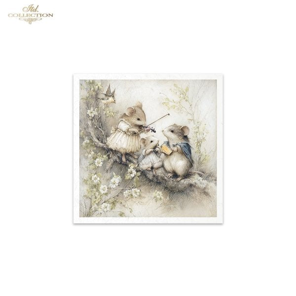 Illustration of three mice on a branch with flowers and a butterfly