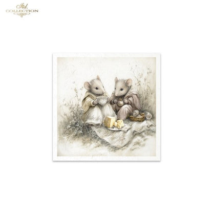 Illustration of two mice sitting together with a teacup and cake on a white background.