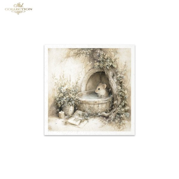 Illustration of a mouse in a bathtub surrounded by flowers