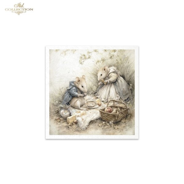 Illustration of two mice at a picnic with a basket and food on a white background.