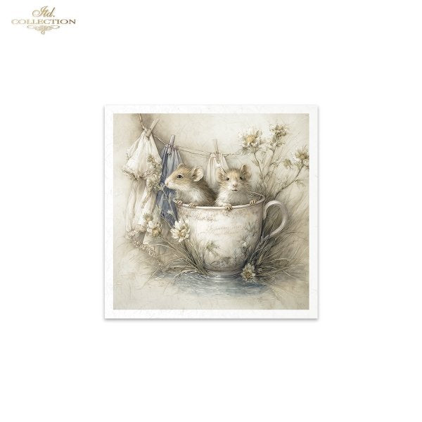 Illustration of two mice in a teacup with flowers and clothes on a line.