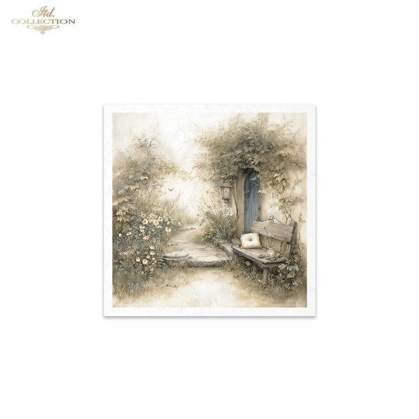Art print of a garden scene with a bench and flowers