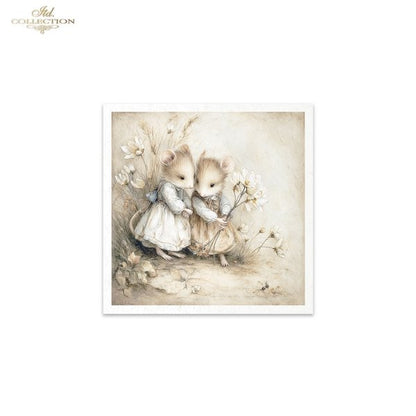 Illustration of two mice in formal attire holding hands with flowers