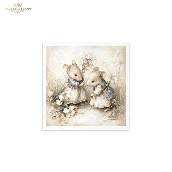 Illustration of two mice in dresses standing next to each other with flowers on a white background.