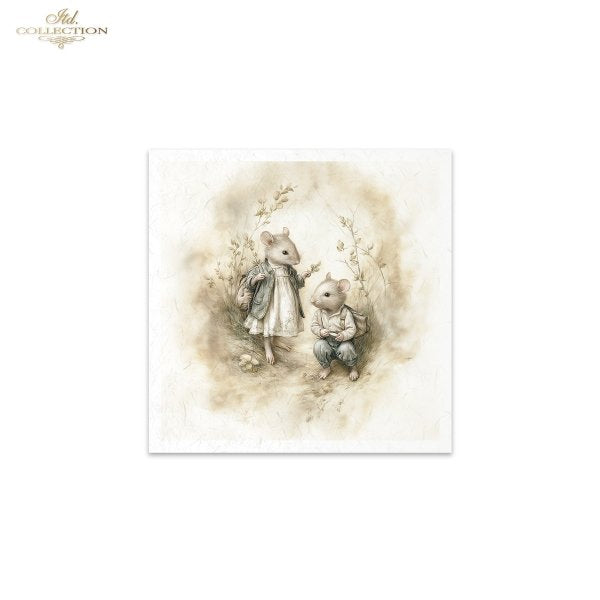 Illustration of a mouse and a rabbit holding hands with flowers on a white background