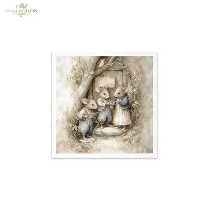 Illustration of three mice in a forest setting, holding hands and standing under a tree.