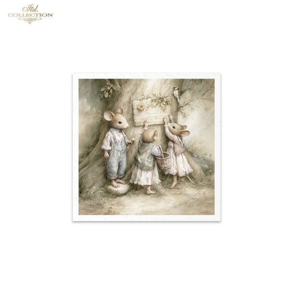 Illustration of three mice in a forest setting with a tree and flowers.