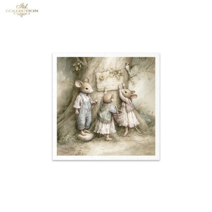 Illustration of three mice in a forest setting with a tree and flowers.