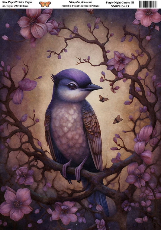 Decoupage Rice Paper Purple Bird and Flowers