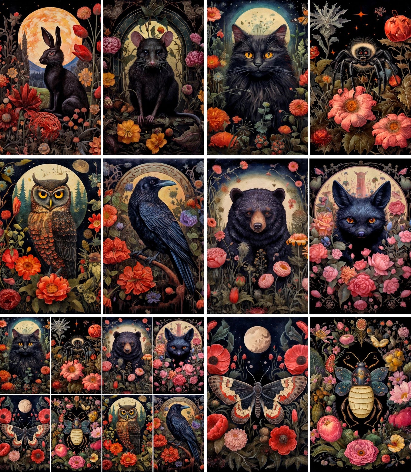 Decoupage Rice Paper Set of 6 - Dark Floral Animals