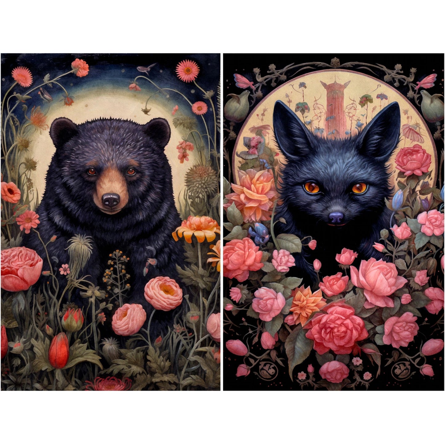 Decoupage Rice Paper Set of 6 - Dark Floral Animals