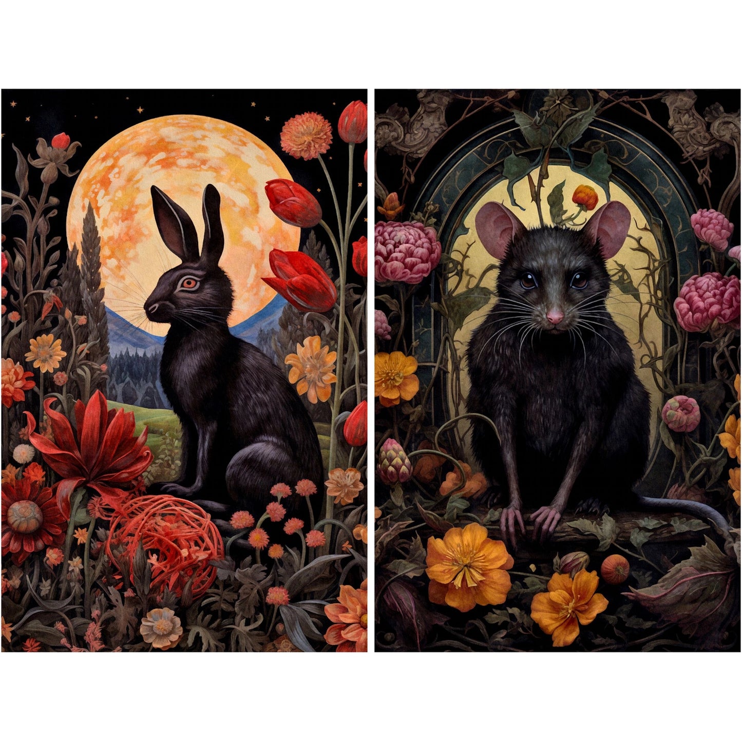 Decoupage Rice Paper Set of 6 - Dark Floral Animals