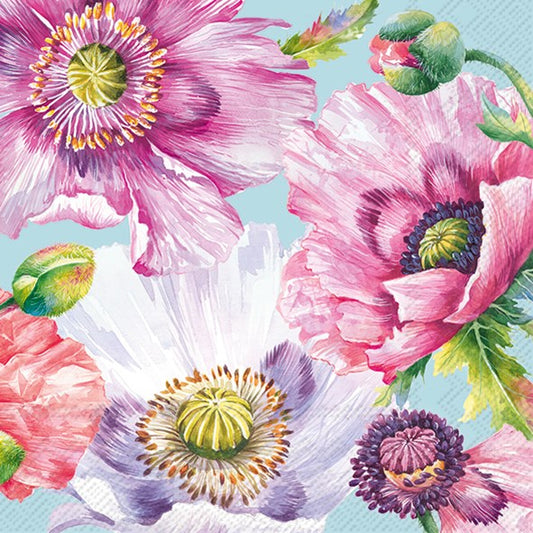 Decoupage napkins 6.5"  (2pcs)- Graceful Poppy Light Blue