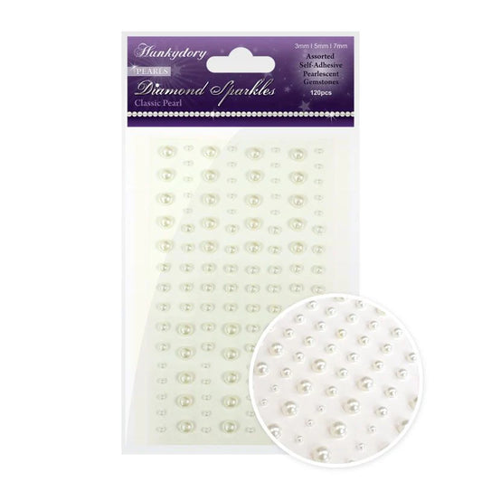 Packaging of Hunkydory Diamond Sparkles pearls with a close-up inset on a white background