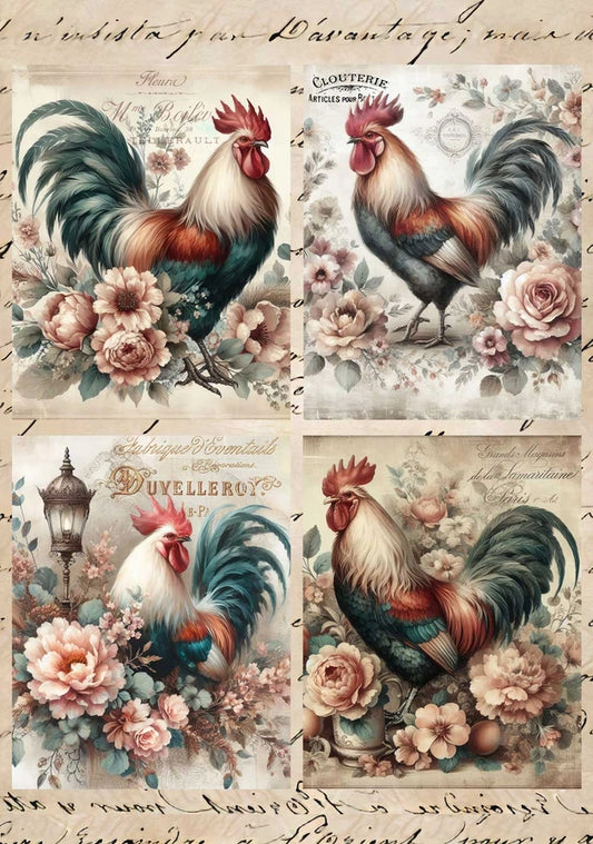 European Excellency Decoupage Rice Paper A4 - Roosters in Flowers