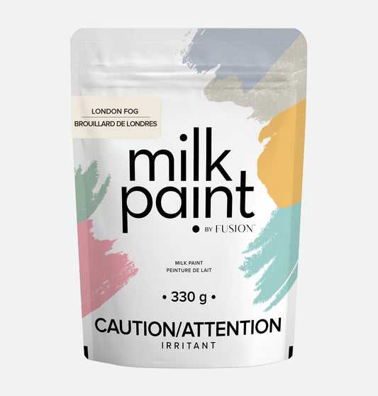 Packaging of milk paint by Fusion with colorful abstract designs on a white background