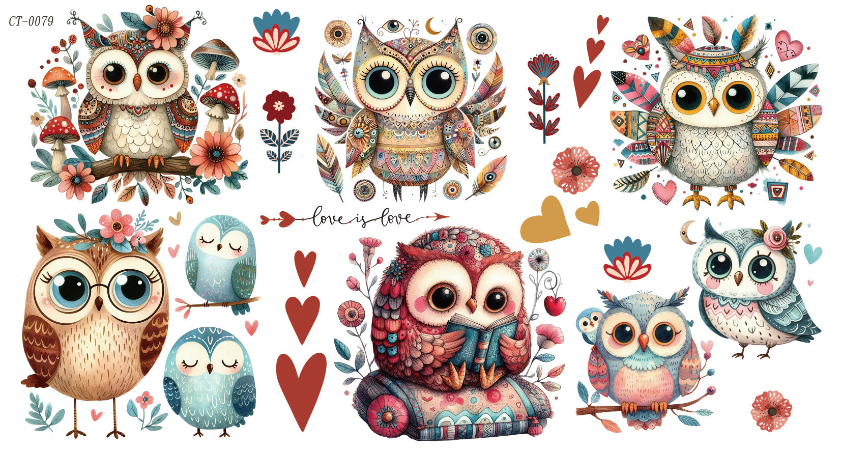 Glossy Crystal Rub-On Transfers- Boho Owls