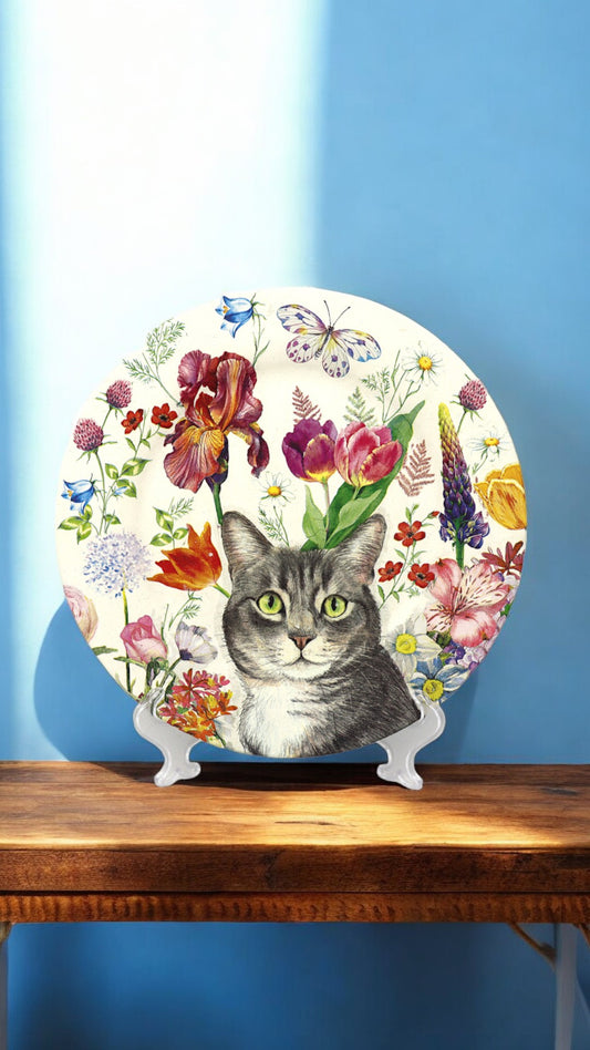 Handmade - Decoupaged Cat & Floral Plate