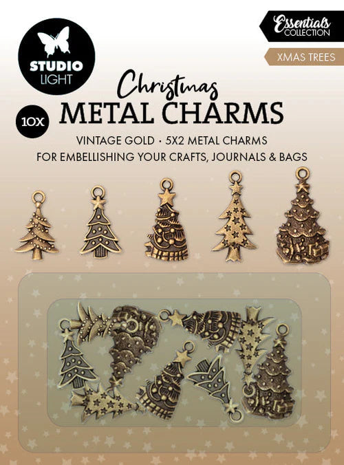 Packaging of Studio Light Christmas metal charms with vintage gold finish on a beige background.